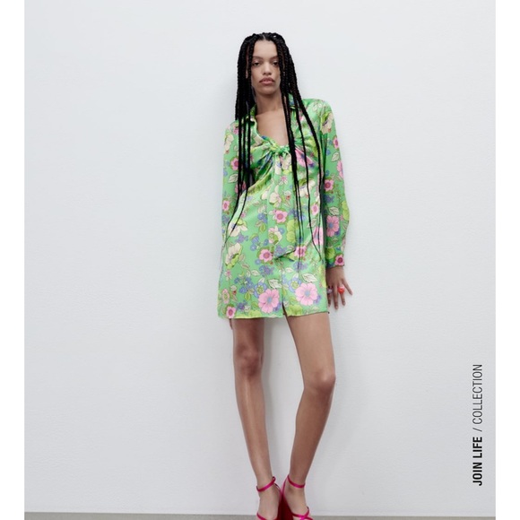 ZARA BLOGGERS FAV SATIN EFFECT PRINT DRESS ~ green - Picture 4 of 10